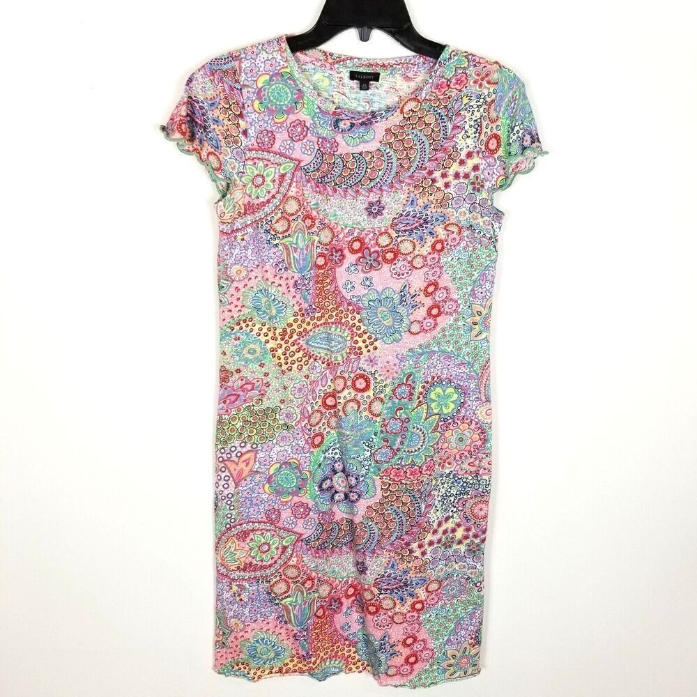 Talbots Women Paisley Shift Dress Size XS Mini Multicolor Short Sleeve Cotton